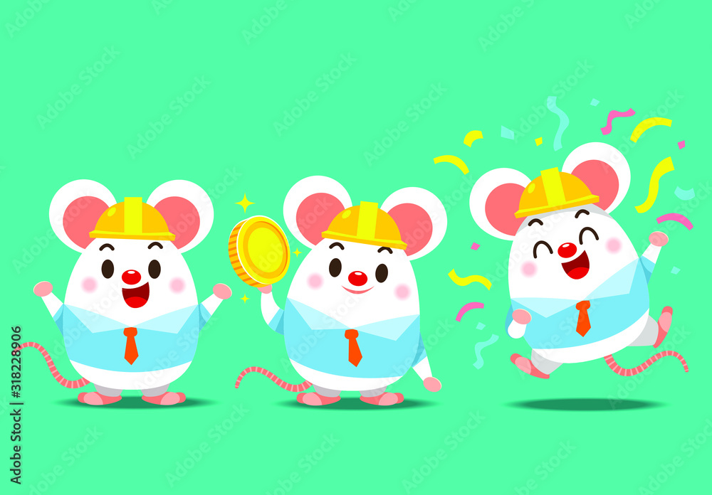 Vector set of cute rat characters in engineer costume in different actions
