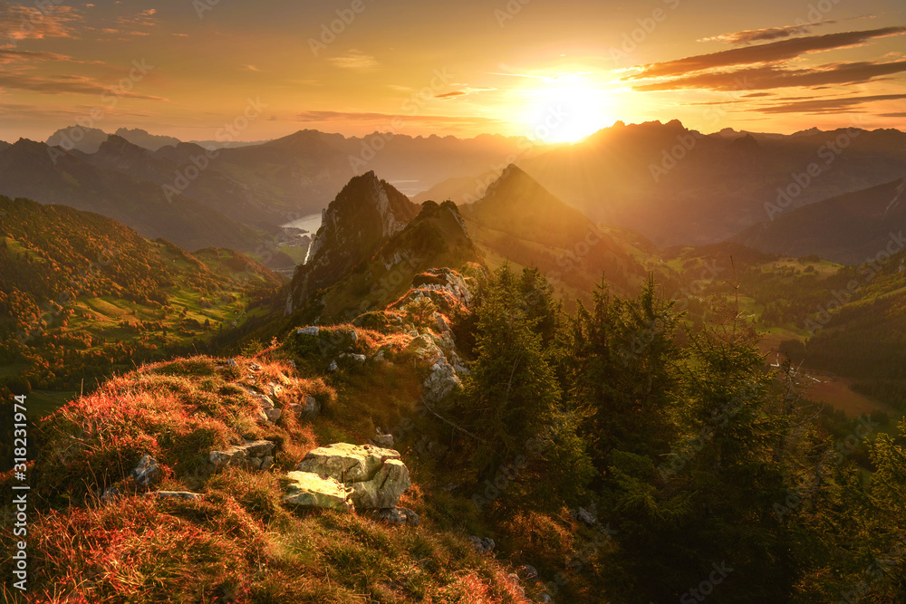 View of Switzerland mountains at sunrise - obrazy, fototapety, plakaty 