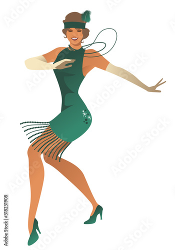 Funny flapper girl wearing vintage style clothes dancing charleston isolated on white background