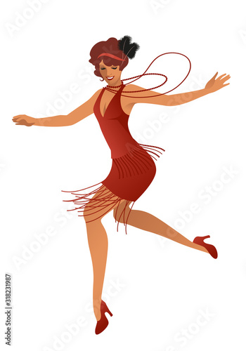 Funny flapper girl wearing vintage style clothes dancing charleston isolated on white background