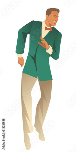 Elegant man wearing vintage style clothes dancing retro dance isolated on white background