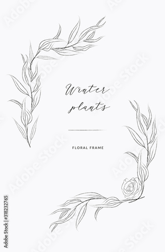 Delicate line drawing vector floral wreath frame. hand drawn delicate branches, leaves, plants. Botanical illustration. Leaf logo. Wedding invitation