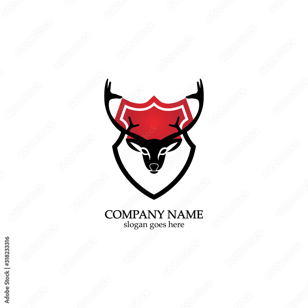 Deer hunter with shield logo design, Wild animal vector, Head deer illustration Deer hunter with shield logo design, Wild animal vector, Head deer illustration