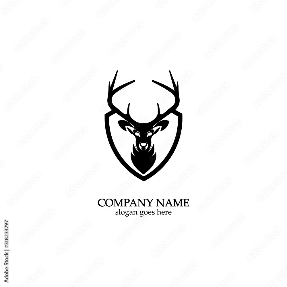 Deer hunter with shield logo design, Wild animal vector, Head deer illustration Deer hunter with shield logo design, Wild animal vector, Head deer illustration