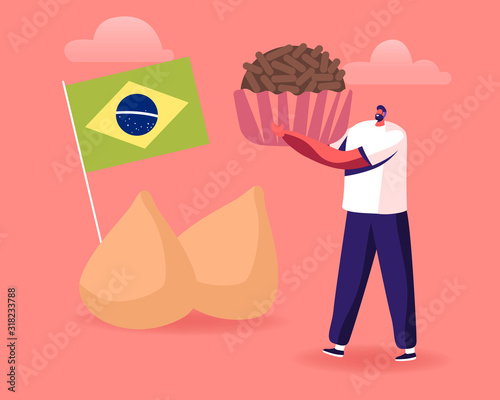 Male Character Holding Huge Brazilian Truffle Candy Brigadeiro with Brazil National Flag and Chicken Coxinhas Stand beside. Traditional Food of Latin America Concept Cartoon Flat Vector Illustration