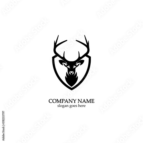 Naklejka Deer hunter with shield logo design, Wild animal vector, Head deer illustration