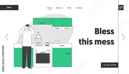 Unhappy Culinary Experience Website Landing Page. Frightened Man Stand at Oven with Burning Fire in Pan. Weekend Chores Housekeeping Process Web Page Banner. Cartoon Flat Vector Illustration, Line Art