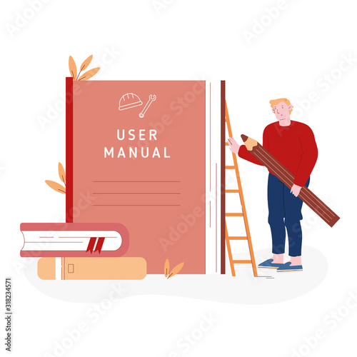 User Manual Tutorial Concept. User Reading Guidebook and Writing Technical Instructions. Male Character with Huge Pencil Stand near Guidance Booklet or Guided Textbook Cartoon Flat Vector Illustration
