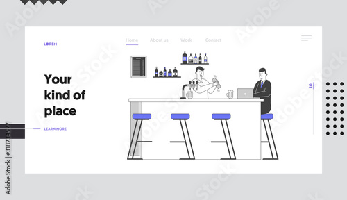 Man Visiting Night Club Website Landing Page. Businessman Drinking Beverages and Work on Laptop on Bar Counter with Barman Shake Cocktail Web Page Banner. Cartoon Flat Vector Illustration, Line Art