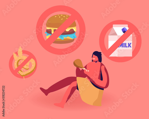 Cave Human Child Wearing Animal Skin Sitting on Ground Eating Meat with Signs Prohibit Bakery, Dairy Production and Fast Food. Paleo Diet, Nutrition of Ancient People Cartoon Flat Vector Illustration