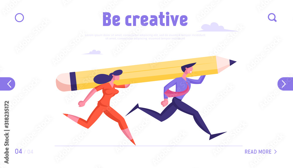 Project Planning and Office Daily Routine Website Landing Page. Businesswoman and Businessman Carry Huge Pencil on Shoulders Racing to Success Web Page Banner. Cartoon Flat Vector Illustration