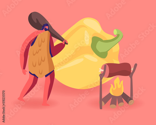 Cave Man Wearing Animal Skin Holding Cudgel on Shoulder Stand near Burning Fire with Frying Meat and Huge Bell Pepper Lying beside. Paleo Diet of People Lived in Past. Cartoon Flat Vector Illustration