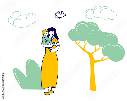 Happy Woman Walk with Child in City Park. Young Mother Holding Baby on Hands at Countryside Landscape Background. Girl and Kid Weekend, Maternity Love Family Cartoon Flat Vector Illustration, Line Art