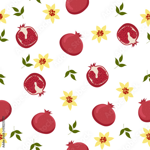 Seamless pattern with pomegranate fruits on a white background. Vector graphics.