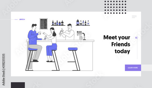 People Visiting Night Club Website Landing Page. Couple Drinking Alcohol Beverages on Bar Counter with Barman Making Cocktail in Restaurant Web Page Banner. Cartoon Flat Vector Illustration, Line Art