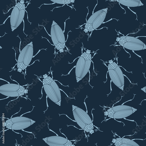 Vector Blue Insects on Dark Blue Background Seamless Repeat Pattern. Background for textiles, cards, manufacturing, wallpapers, print, gift wrap and scrapbooking.