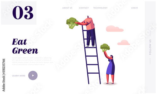 Healthy Nutrition, Vitamins and Ketogenic Diet Website Landing Page. Man Stand on Ladder, Woman Holding Huge Broccoli Piece, Low Carbs Eating Cooking Web Page Banner. Cartoon Flat Vector Illustration