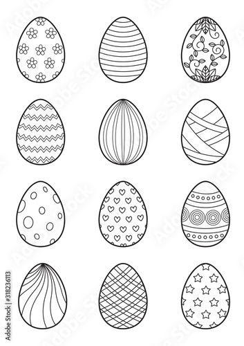 Easter eggs set for coloring book page. Doodle style. Black and white illustration