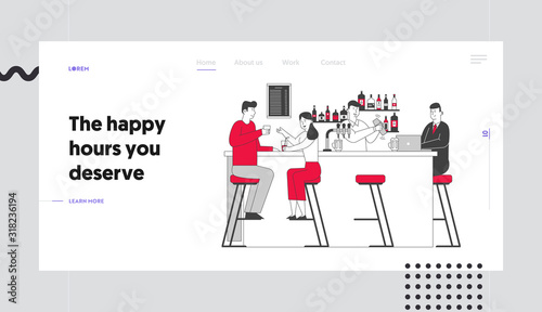 Bar Recreation Website Landing Page. People Visiting Pub, Couple Drink Alcohol on Counter Desk, Businessman Work Laptop, Barman Make Cocktail Web Page Banner. Cartoon Flat Vector Illustration Line Art