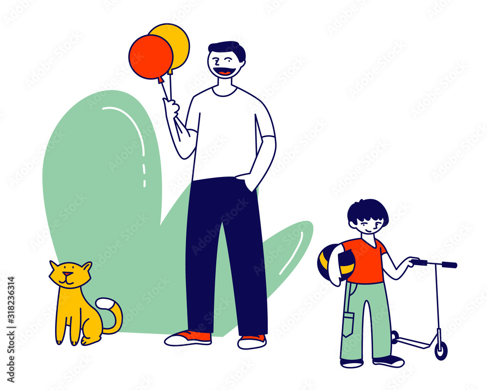 Happy Family of Little Cheerful Boy Walking with Dad Having Fun Outdoors. Father Day Holiday, Summertime Vacation Weekend Walk Together with Child in Park Cartoon Flat Vector Illustration, Line Art Happy Family of Little Cheerful Boy Walking with Dad Having Fun Outdoors. Father Day Holiday, Summertime Vacation Weekend Walk Together with Child in Park Cartoon Flat Vector Illustration, Line Art