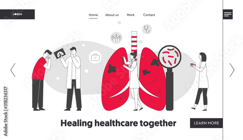 Respiratory Medicine, Pulmonology Healthcare Website Landing Page. Doctors Check Human Tuberculosis Lungs with Magnifying Glass, Make X-ray Web Page Banner. Cartoon Flat Vector Illustration, Line Art