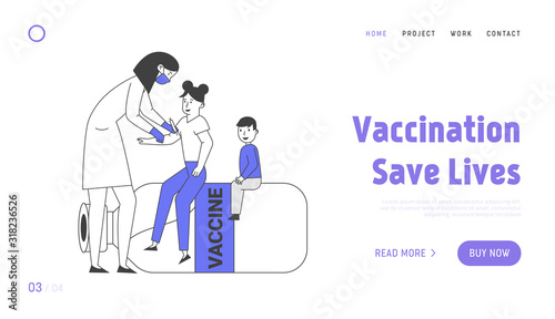 Child Vaccination and Immunization Procedure Website Landing Page. Doctor Put Injection to Little Patients Sitting on Huge Vaccine Bottle Web Page Banner. Cartoon Flat Vector Illustration, Line Art