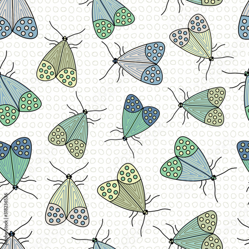Vector Blue, Green and Yellow Moths on White Background Seamless Repeat Pattern. Background for textiles, cards, manufacturing, wallpapers, print, gift wrap and scrapbooking.