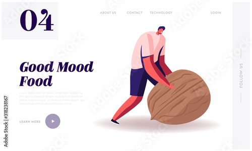 Wellbeing Lifestyle Website Landing Page. Man Rolling Huge Nut. Healthy Organic Nutrition with Low Carbs. Male Character on Keto Diet, Eco Nutrition Web Page Banner. Cartoon Flat Vector Illustration