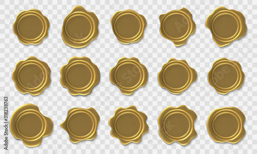 Golden wax seal. Envelope retro post stamp, premium gold royal approval wax seals and security postage certificate and elite diploma vector isolated 3d icons set
