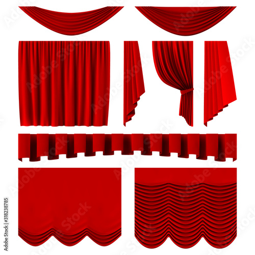 Red stage curtains. Realistic theater stage decoration, dramatic red luxurious curtains. Scarlet silk velvet curtains vector illustration set. Movie, cinema hall Interior decor