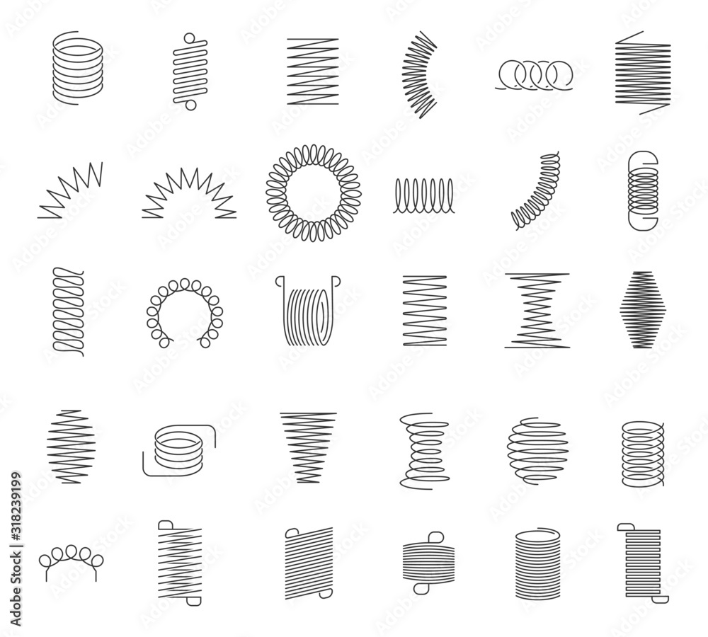 Metal spiral spring. Metallic coils, motor machine spiral sign, wire springs and steel curved flexible coils. Linear spirals silhouette isolated vector industrial twisted icons set