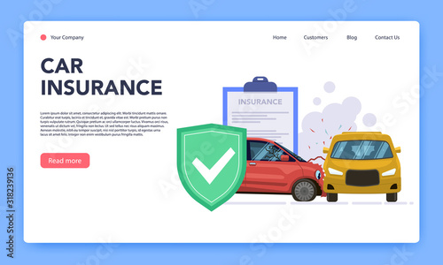 Vehicles insurance. Responsible car insurance mobile application from damage and accident crash, car insurance contract service vector web landing page flat template