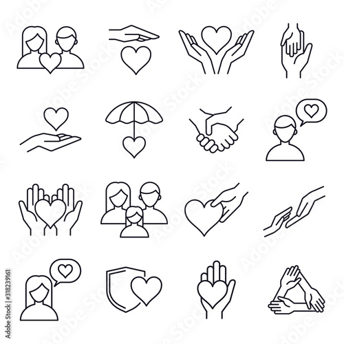Love and kindness heart line icons. Friend, family, relationship and romantic heart signs, line art love heart elements, people relationships and friendship, volunteer vector isolated outline icons