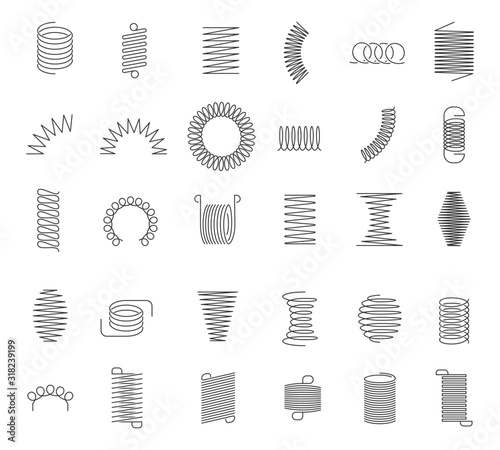 Metal spiral spring. Metallic coils, motor machine spiral sign, wire springs and steel curved flexible coils. Linear spirals silhouette isolated vector industrial twisted icons set photo