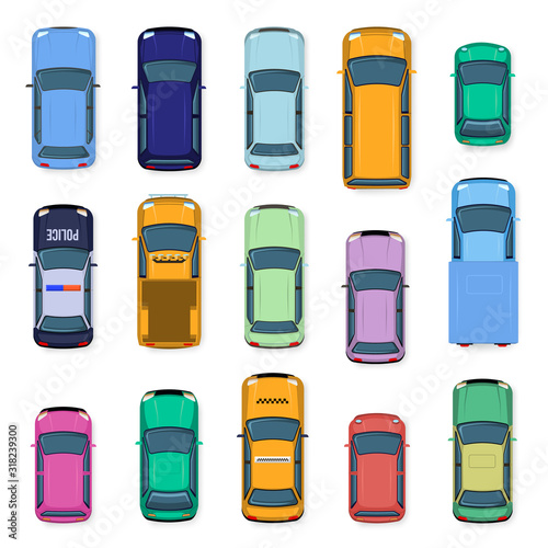 City car top view. City traffic cars roof, street vehicle taxi, police, subcompact and jeep car above view. Auto transport isolated vector illustration set. flat vehicles from above