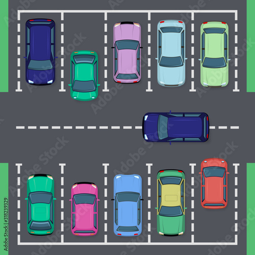 Street car parking. Top view street vehicle, public parking zone views and auto transport parking area, city auto park vector illustration set. garage from above