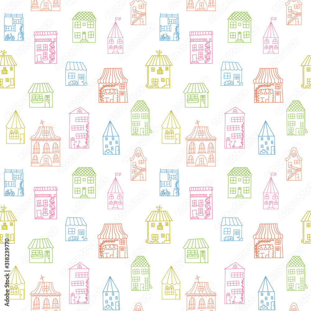 Seamless pattern with cute houses in doodle style. Colorful houses painted by hand on a white background.