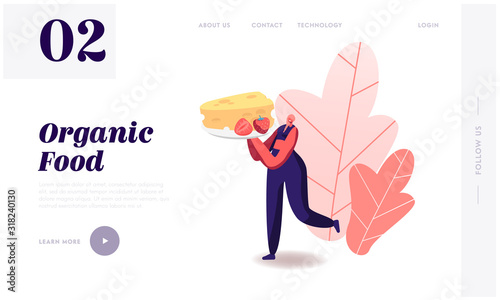 Keto Diet Website Landing Page. Woman Carry Tray with Cheese and Strawberry. Low Carb and High Fat Level Healthy Ketogenic State, Fasting and Healing Web Page Banner. Cartoon Flat Vector Illustration