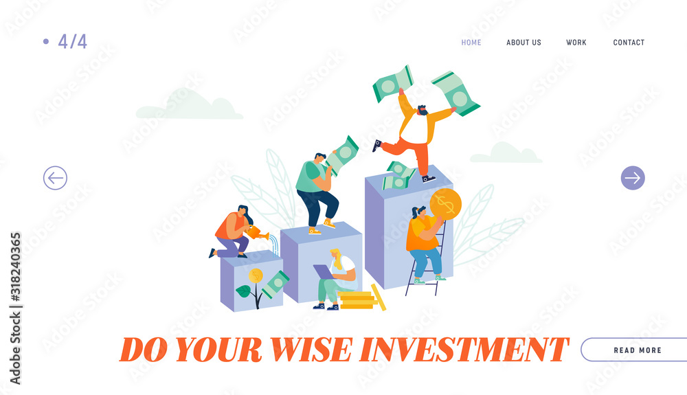 Finance Growth, Investment Savings and Capital Website Landing Page. Business People Climbing Up Financial Graph and Chart Stairs with Money in Hands Web Page Banner. Cartoon Flat Vector Illustration