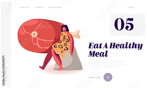 Paleo Diet Nutrition, Healthy Eating of Ancient People Website Landing Page. Cave Woman Wearing Animal Skin Sit on Rock with Huge Meat Lying beside Web Page Banner. Cartoon Flat Vector Illustration