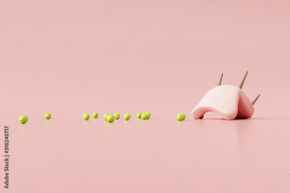 Upside down chair with green apples on pastel pink background. Creative minimal concept. 3d rendering - obrazy, fototapety, plakaty 
