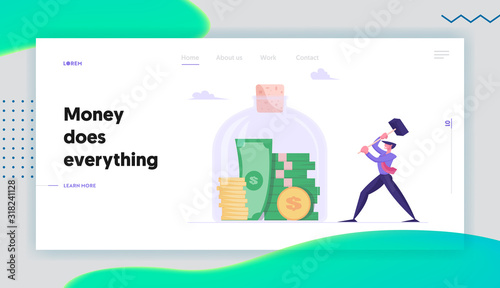 Money Saving, Financial Investment Deposit, Finance Problems Website Landing Page. Business Man Hitting Huge Glass Jar with Hammer going to Take Cash Web Page Banner. Cartoon Flat Vector Illustration