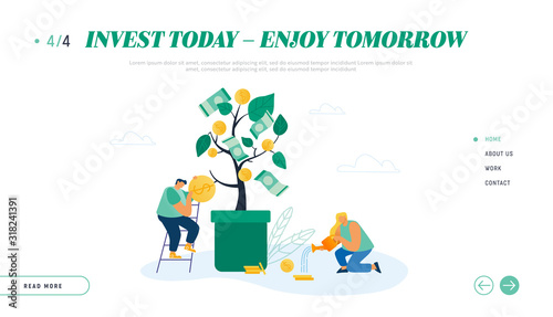 Businesspeople Growing Money Tree, Creating Savings Website Landing Page. Banking Income and Investment People Harvesting Profit, Bank Deposit Success Web Page Banner. Cartoon Flat Vector Illustration