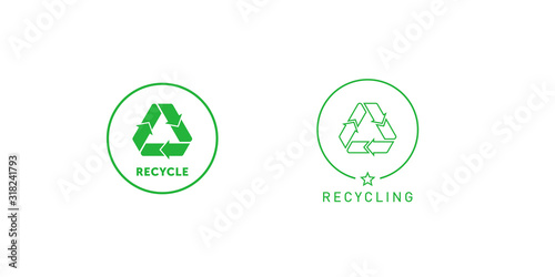 Set of recycling sign green round line sticker with Mobius strip, band or loop. Design element for packaging design and promotional material. Vector illustration.