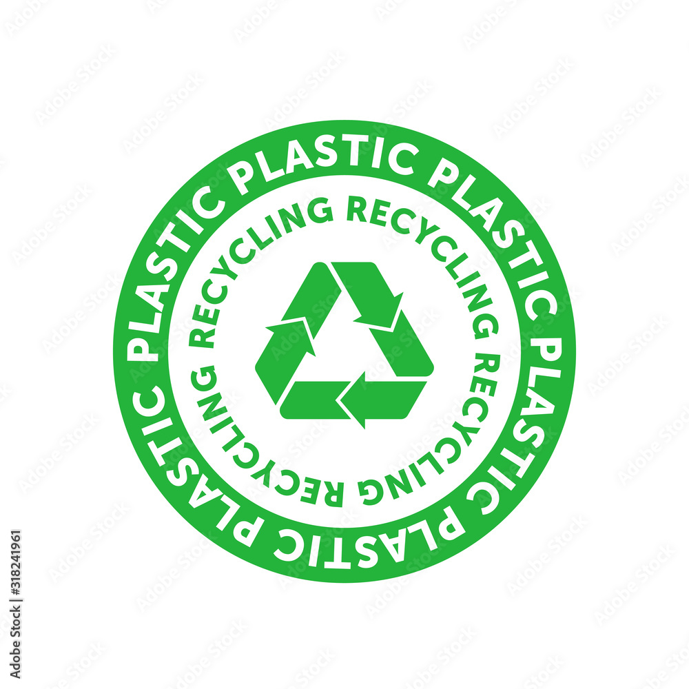 Recycling plastic green circle badge with Mobius strip, band or loop. Design element for packaging design and promotional material. Vector illustration. Recycling plastic green circle badge with Mobius strip, band or loop. Design element for packaging design and promotional material. Vector illustration.