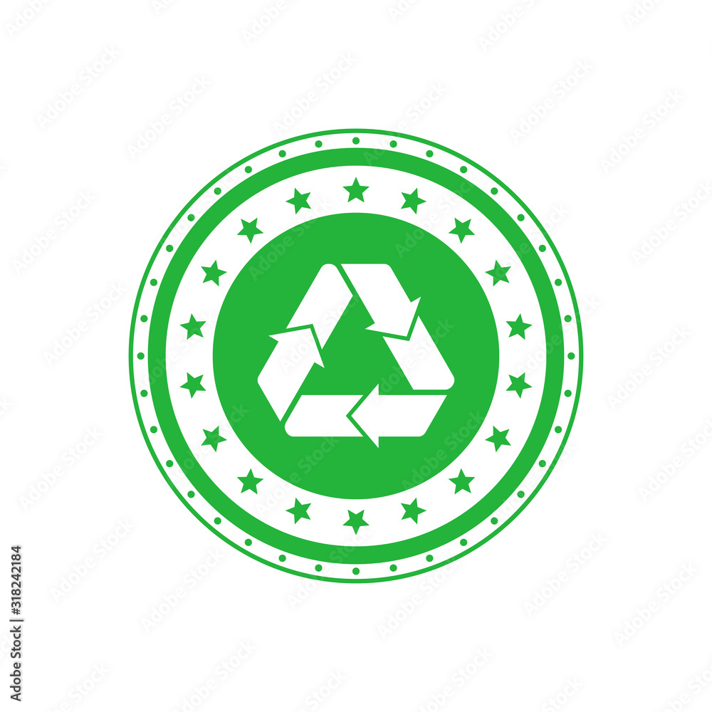 Recycling green circle badge with Mobius strip and stars. Design element for packaging design and promotional material. Vector illustration. Recycling green circle badge with Mobius strip and stars. Design element for packaging design and promotional material. Vector illustration.