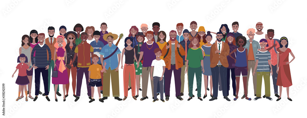 Large group of people of different nationality, ethnicity and age isolated on white background. Children, adults and teenagers stand together. Illustration  - obrazy, fototapety, plakaty 