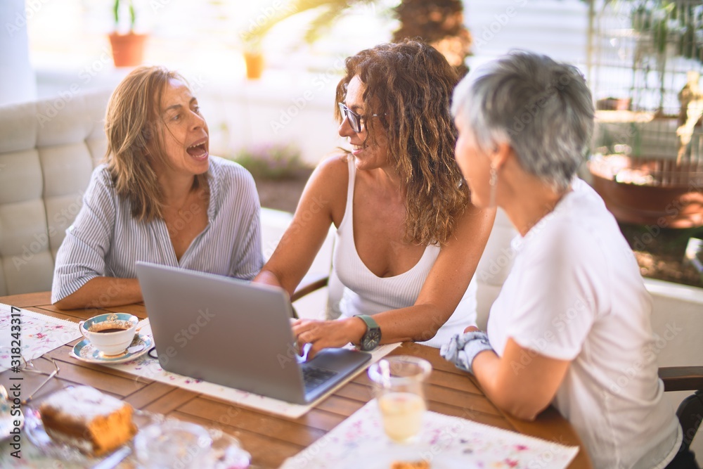 Meeting of middle age women having lunch and drinking coffee. Mature friends smiling happy using laptop at home on a sunny day Meeting of middle age women having lunch and drinking coffee. Mature friends smiling happy using laptop at home on a sunny day
