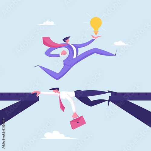 Εκτύπωση καμβά Business Man in Formal Suit with Glowing Light Bulb in Hand Running over Head of