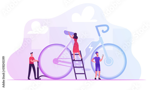 Tiny Male and Female Characters Maintenance Huge Electric Bike for Sportsman Driving. People Use Modern Bicycle, Organic Healthy Lifestyle, Alternative Green Energy Cartoon Flat Vector Illustration